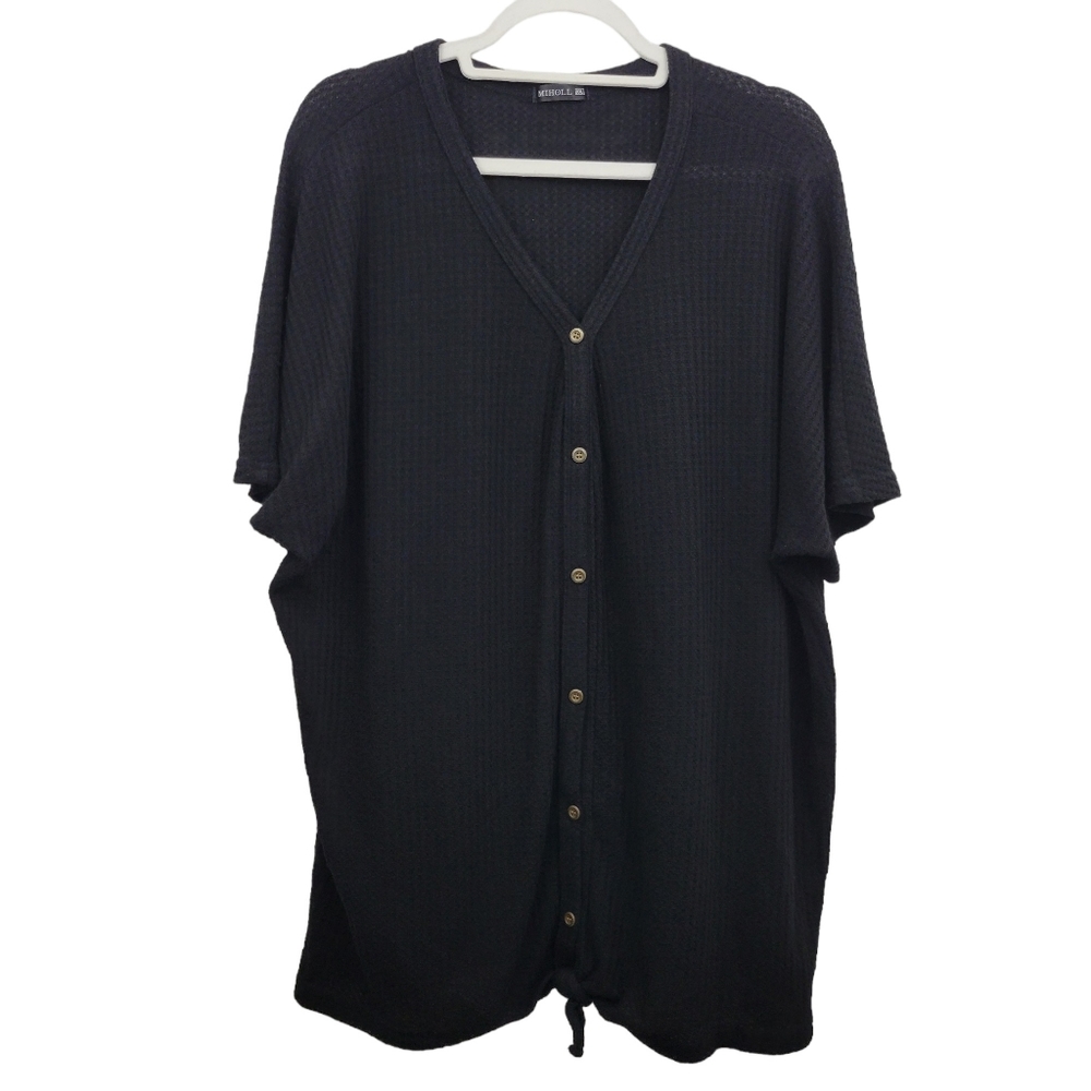 Miholl Black Waffle Knit Button Tie Front Top Size XXL